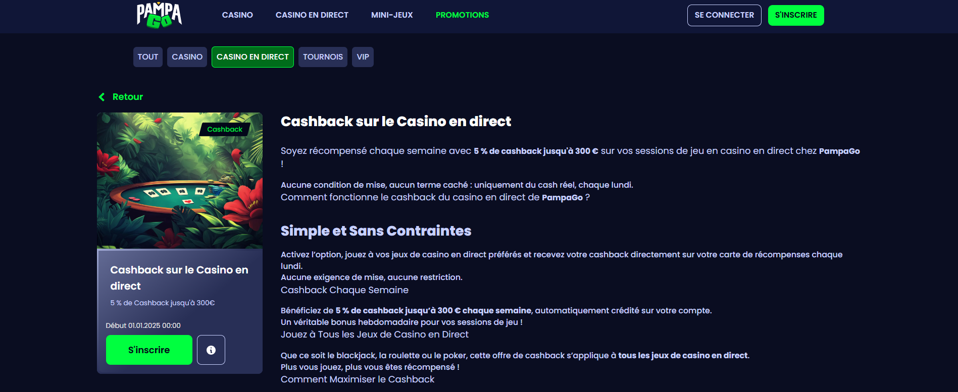 Profitez du bonus de cashback en direct offert par l'excellent casino Pampago.